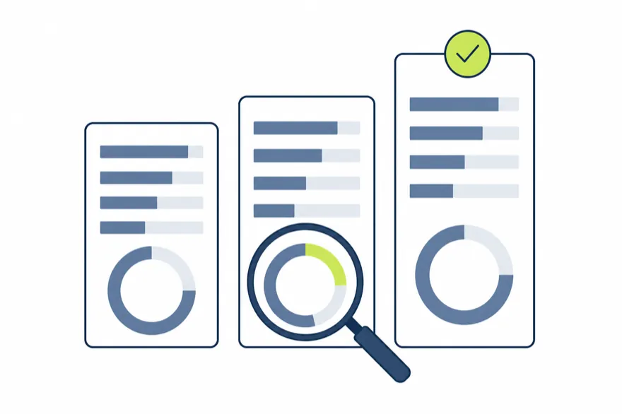 Illustration of three review panels with rating dials and a magnifying glass