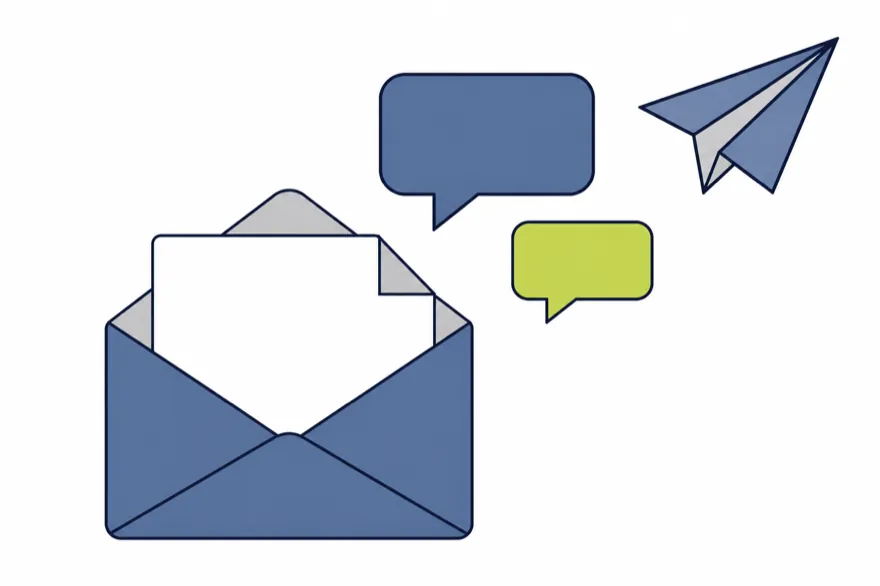 Illustration of an open envelope with a letter, two speech bubbles and a paper plane