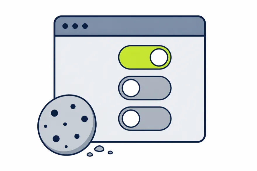 Illustration of a browser window with three preference toggles and a biscuit-style cookie beside it