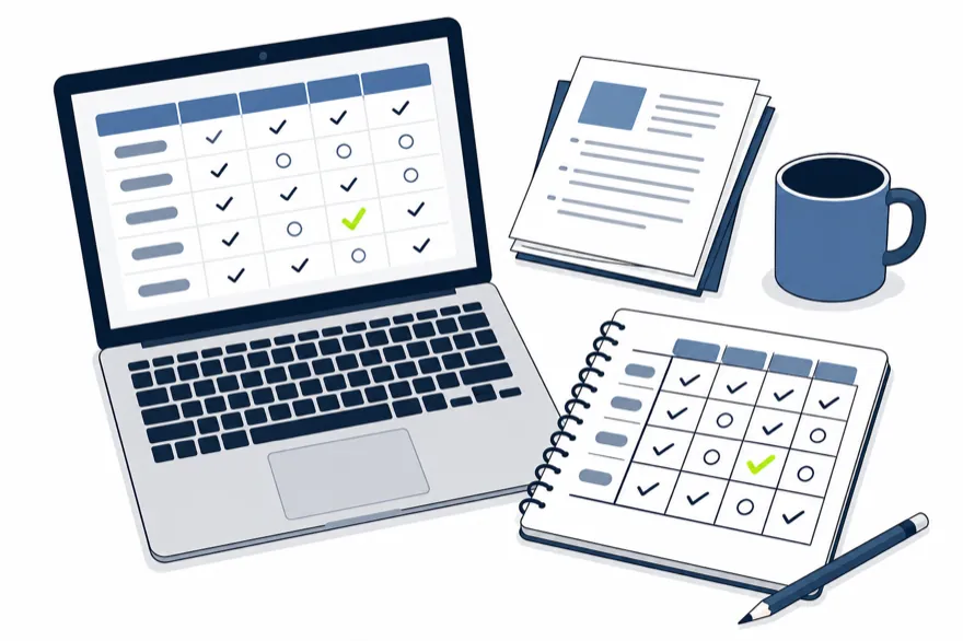 Illustration of a reviewer's desk with a laptop showing a scoring grid, a notebook and a pencil
