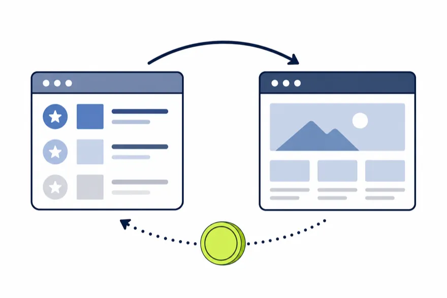Illustration showing a comparison page linking to an operator site with a coin returning along a dotted path