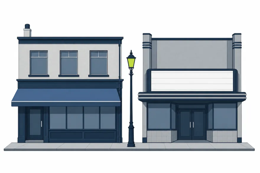 Illustration of a mid-century betting shop and bingo hall facade on a high street