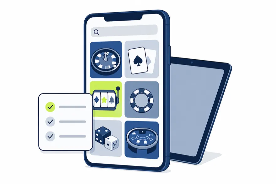 Illustration of a phone showing a casino lobby grid beside a tablet and a checklist card