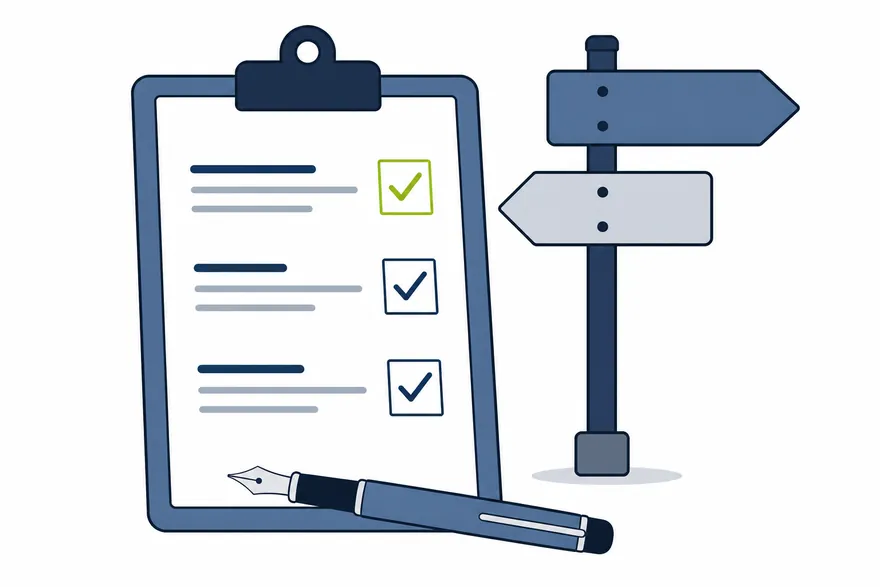 Illustration of a clipboard holding a list of rules with tick boxes, a fountain pen and a signpost