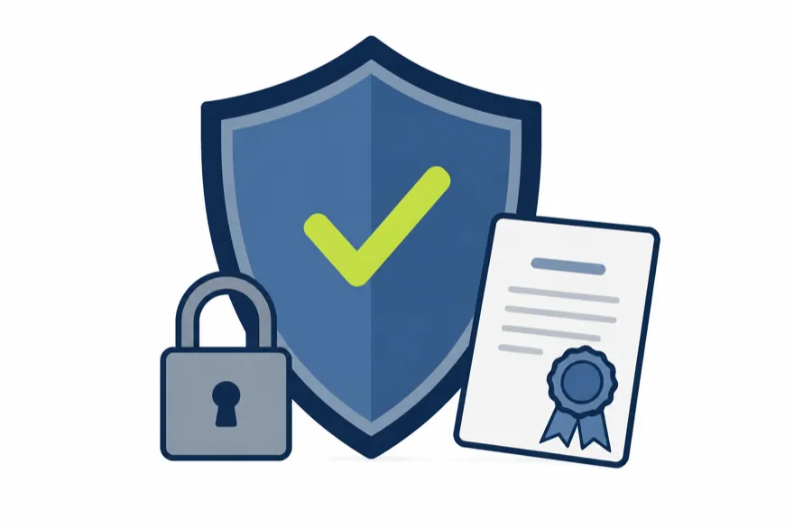 Illustration of a shield with a check mark, a padlock and a certificate with a seal