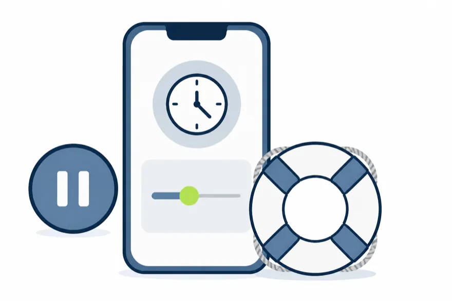 Illustration of a phone showing a deposit limit slider and a clock, with a pause symbol and a lifebuoy