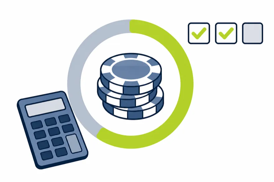 Illustration of a circular progress ring around a stack of casino chips with a calculator and tick boxes